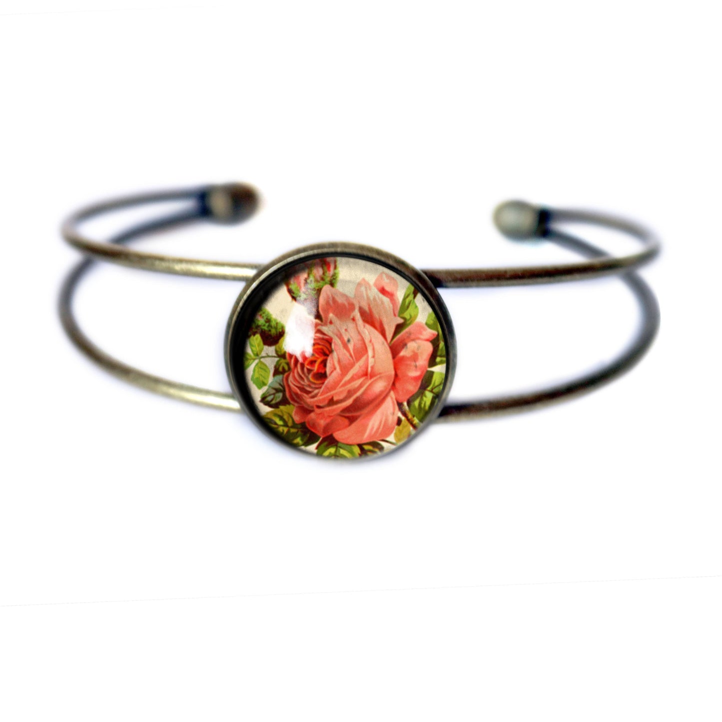 Red Rose Cuff Bracelet - Romantic - Bronze and Glass Cabochon