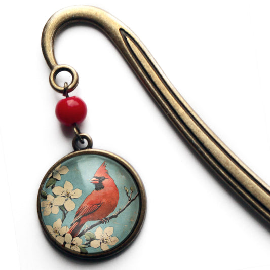 Vintage Cardinal Bookmark - Bronze and Glass Cabochon