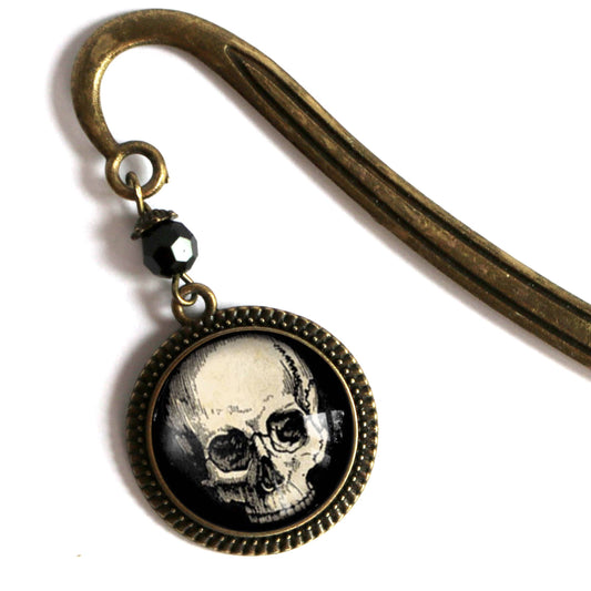 Human Skull Bookmark - Halloween - Bronze and Glass Cabochon