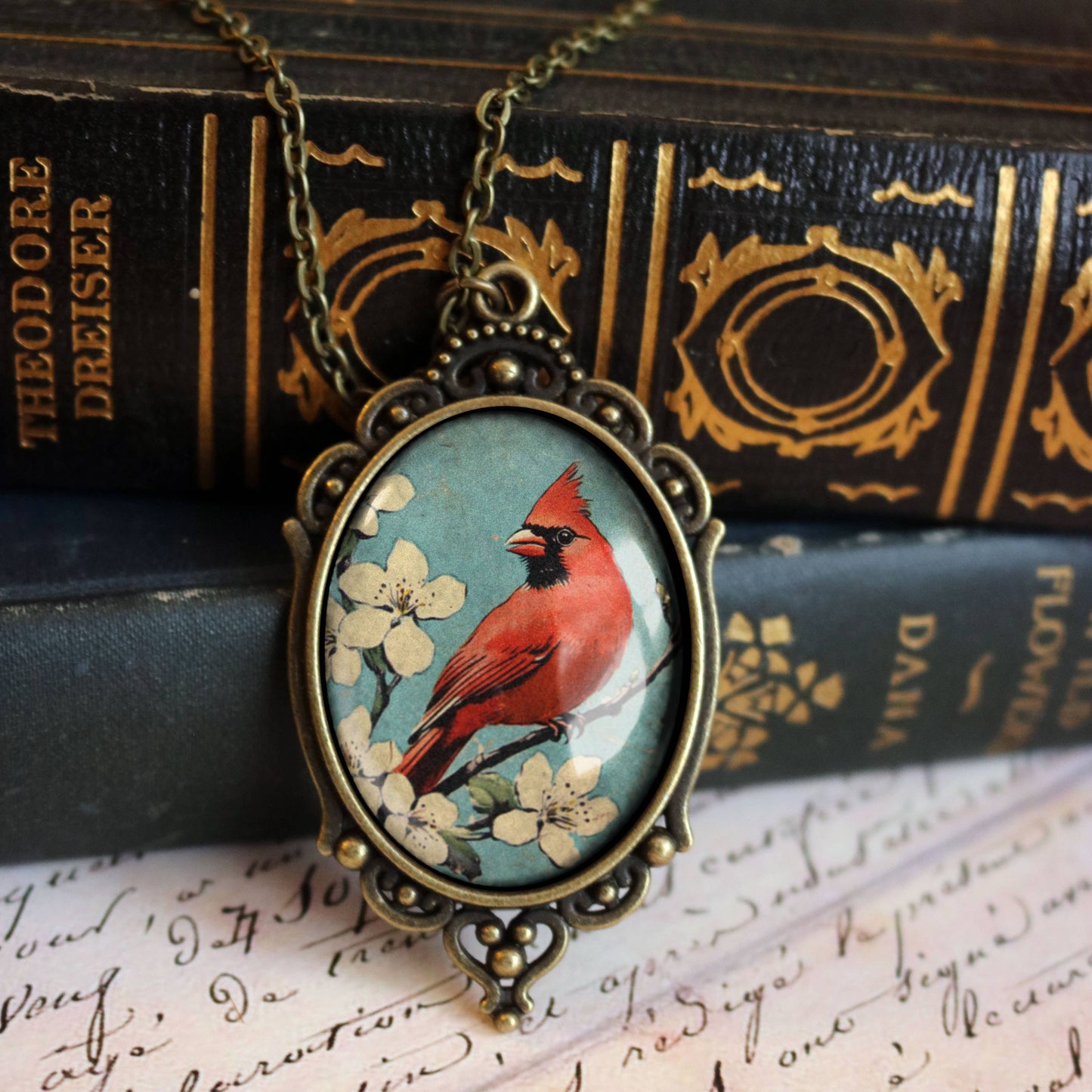 Retro Cardinal Ornate Pendant Necklace - Oval - Glass Cabochon