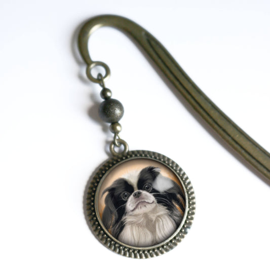 Japanese Chin Dog Bookmark - "Best Friends" - Bronze and Glass Cabochon