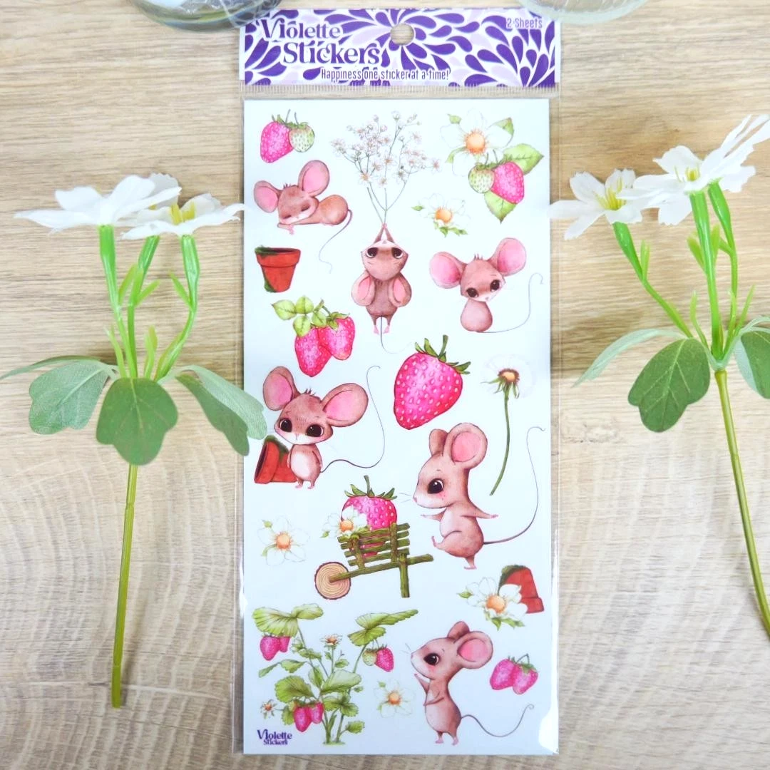 Strawberry Mice Vintage Stickers - 2 Sticker Sheets for Stationary, Scrapbooking, & More