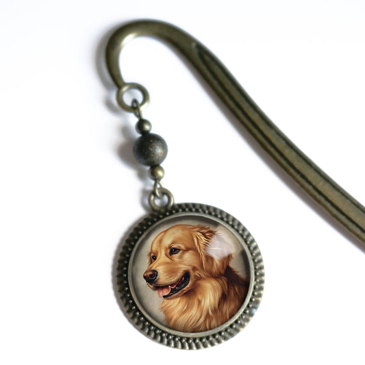 Golden Retriever Dog Bookmark - "Best Friends" - Bronze and Glass Cabochon